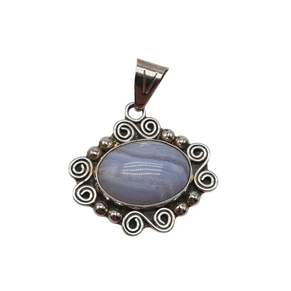Vintage CLL Mexican Sterling Silver Blue Lace Agate Pendant - Picture 1 of 7